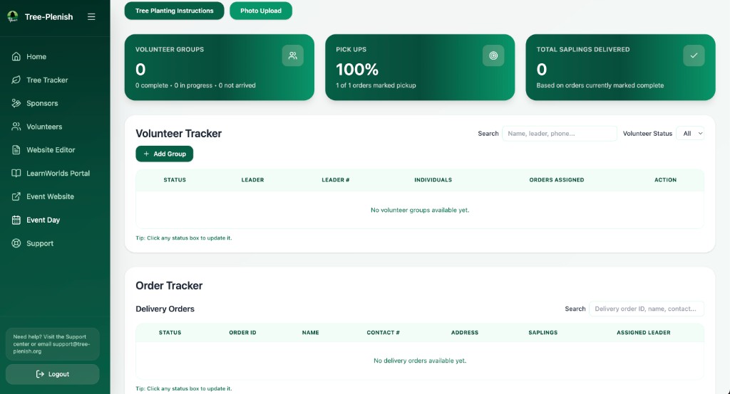 Tree-Plenish event day dashboard with volunteer and order trackers