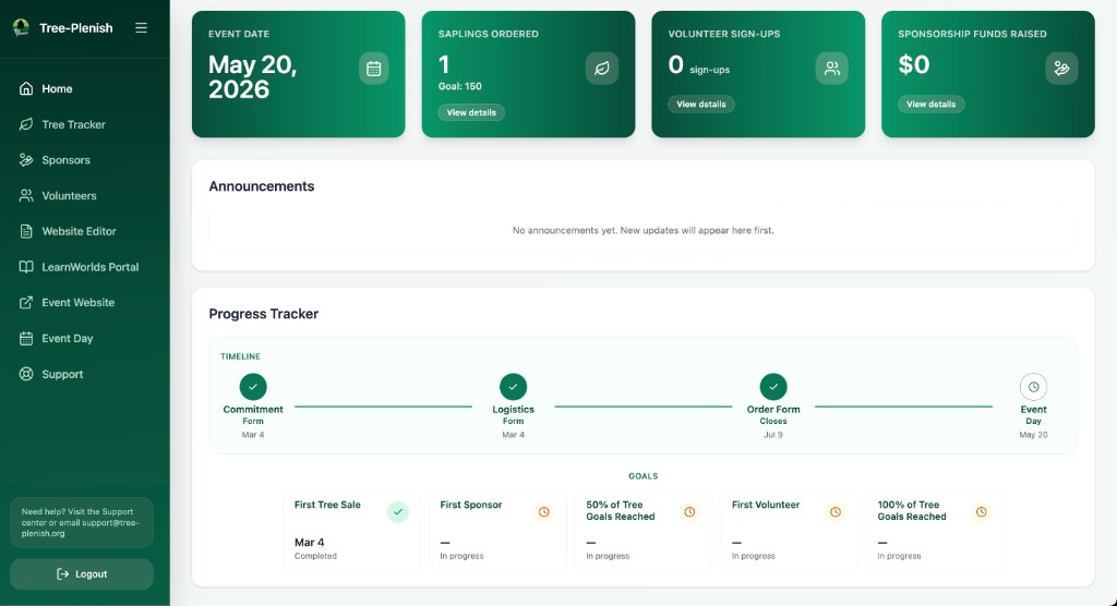 Tree-Plenish user dashboard showing an event date, goals, announcements, and progress tracker