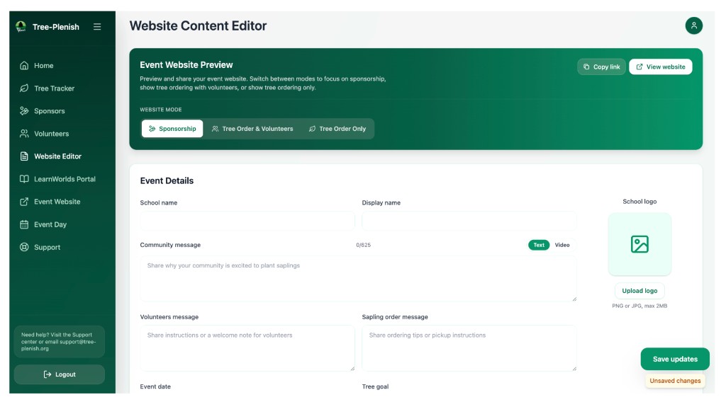 Tree-Plenish website content editor for customizing an event website