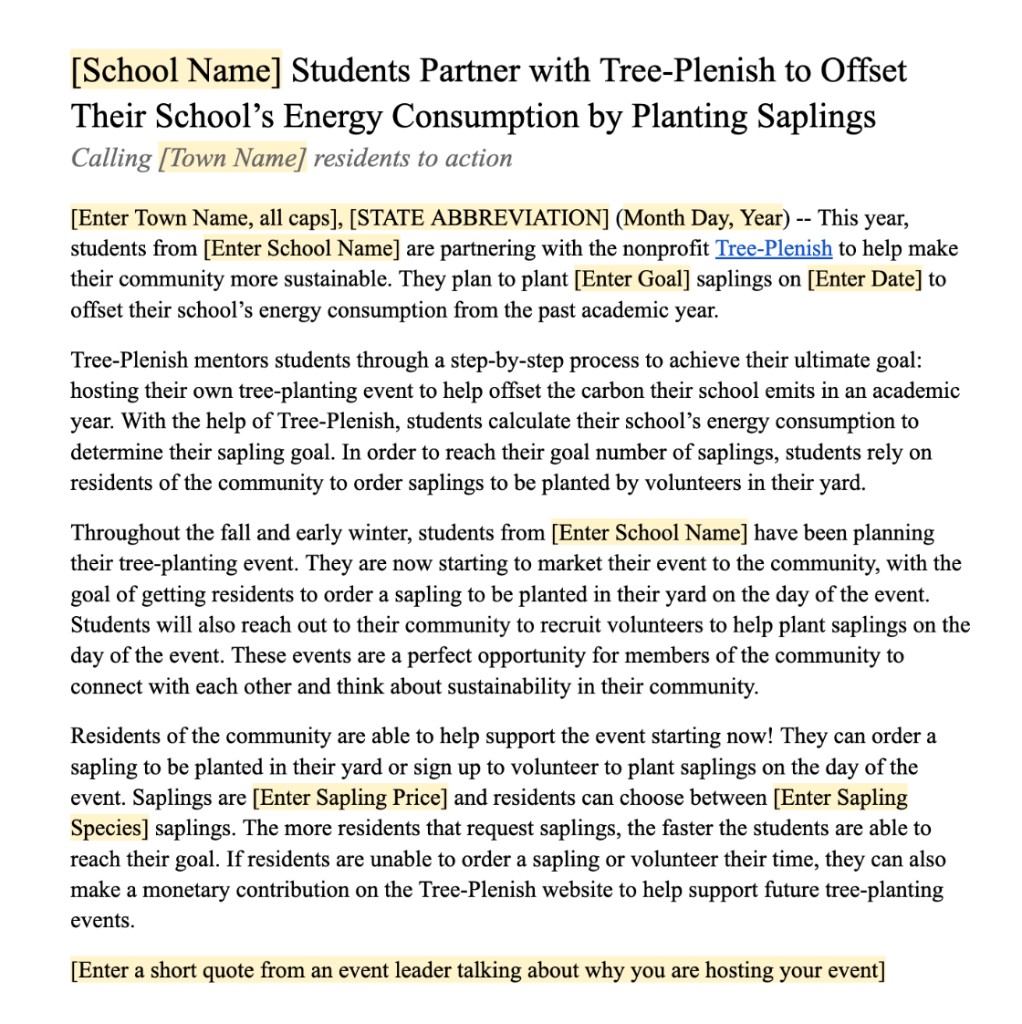 Tree-Plenish press release template for a school tree-planting event