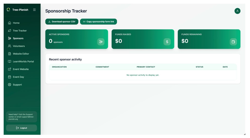 Tree-Plenish sponsorship tracker showing sponsors and funds raised